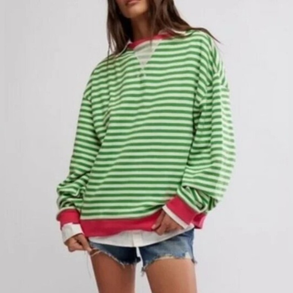 💚NWOT🩷 Free People We The Free Classic Striped Oversized Crewneck XS - Picture 2 of 5